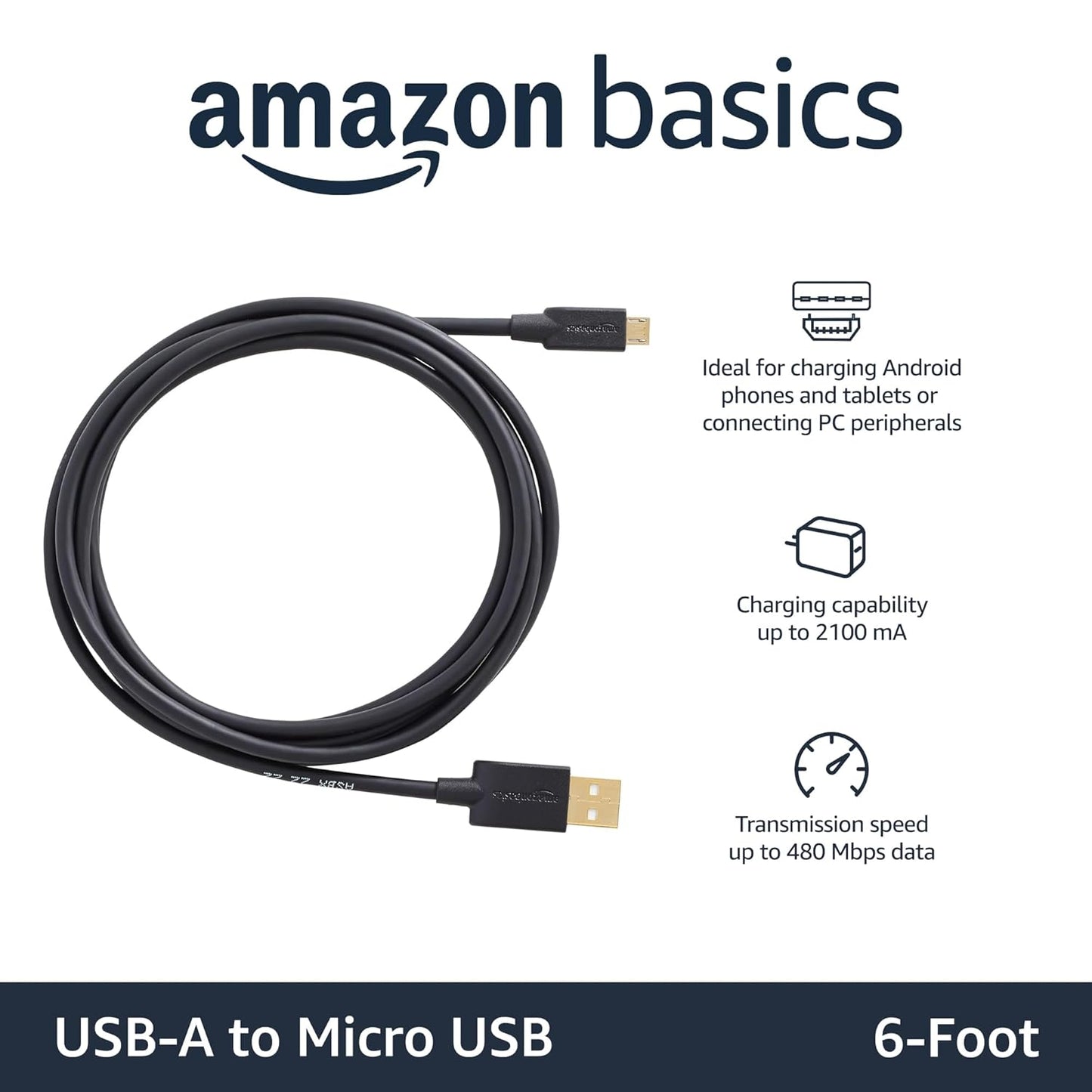 Amazon Basics USB-A to Micro USB Charging Cable, 480Mbps Transfer Speed with Gold-Plated Plugs, USB 2.0, 6 Foot, Black