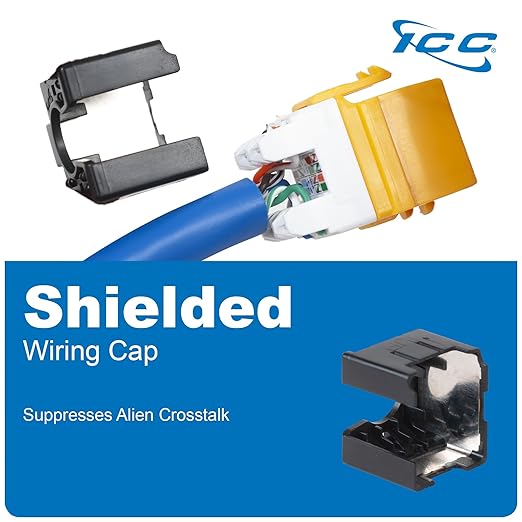 ICC CAT6A Keystone Jack with Slim Profile 180 Degree Punch Down, 10Gbps RJ45 UL Listed PoE++ TAA Compliant for Wall Plate or Patch Panel, Works with JackEasy Termination Tool, Yellow 10 Pack