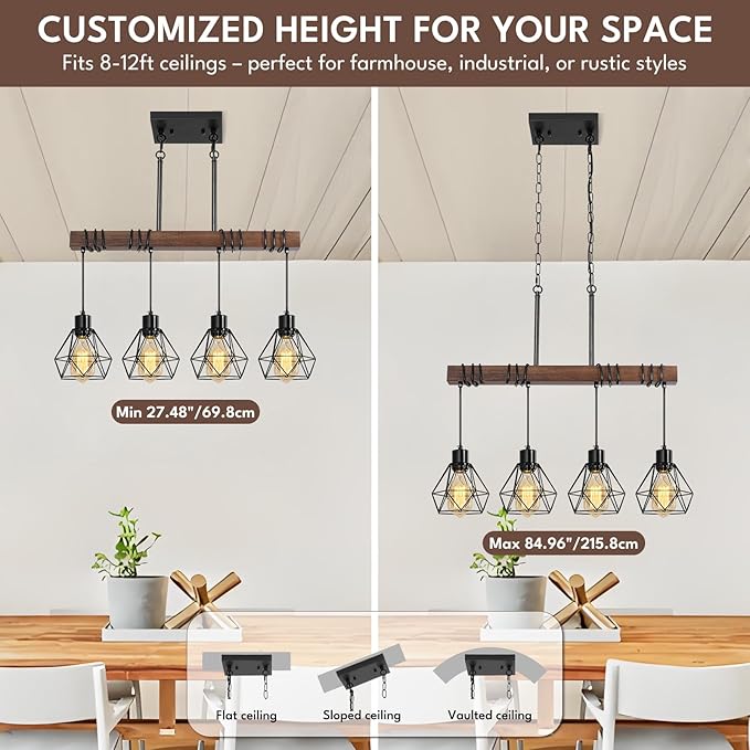 4-Light Modern Farmhouse Chandelier for Dining Room - Black Metal & Rustic Wood Kitchen Island Lighting with Adjustable Height, 29.5" Linear Pendant Light Fixture with Diamond Shades, UL Listed