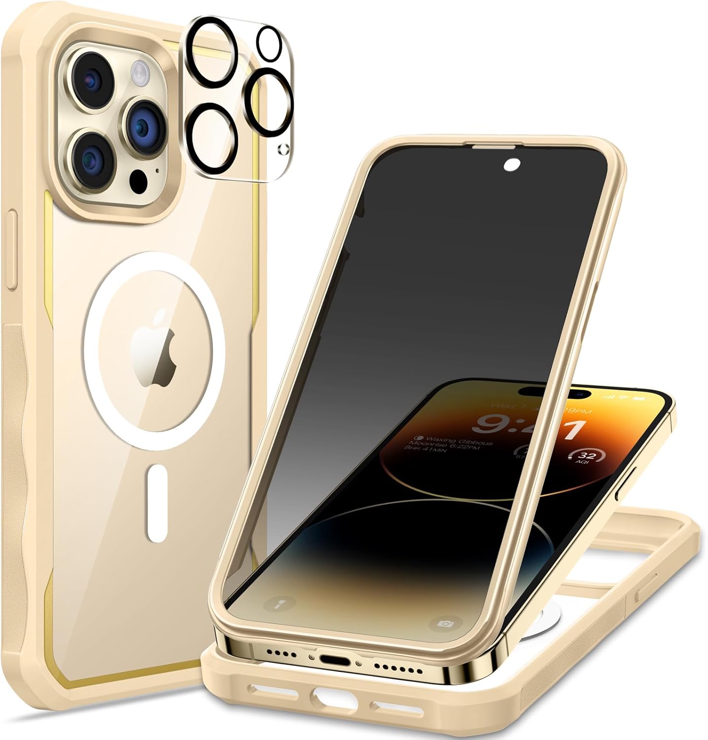 seacosmo for iPhone 14 Pro Max Case, Full Body Bumper with Built-in 9H Tempered Glass Privacy Screen Protector and Camera Lens Protector, Compatible with MagSafe, Shockproof Phone Case, 6.7", Gold