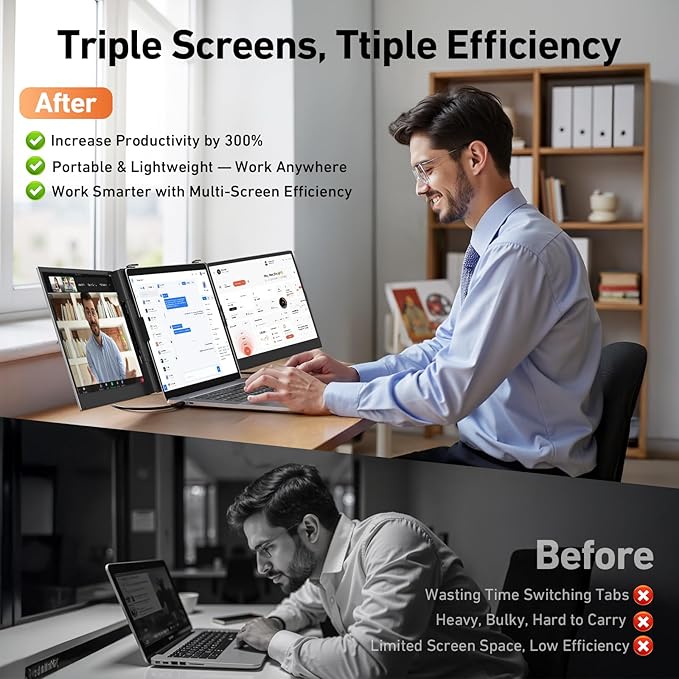 Vixtan 2.2lb Ultra-Light Laptop Screen Extender, 14" Triple Portable Monitor for Laptop, Ultra-Thin 1080P FHD Monitors for 13.3-17.3" Laptops, Triple Monitor Extended for Windows/Mac/Chrome