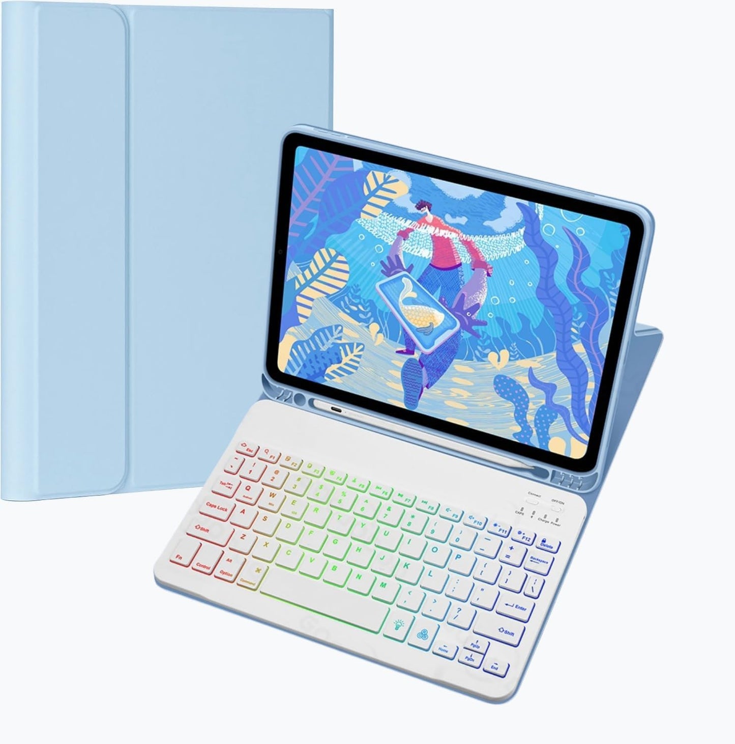 Keyboard Case for Galaxy Tab A9+/A9 Plus 11 Inch 2023, Slim Lightweight 7 Color Rainbow Backlight Detachable Magnetic Bluetooth Keyboard Cover with S Pen Holder,Sky Blue