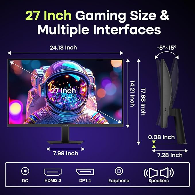 Amzfast 27 Inch 240Hz Gaming Monitor, FHD Fast VA Panel 4000:1 Contrast Computer Monitor with Speakers, HDMI DP Ports 125% sRGB VESA Support for Gmaing Office (One DP Cable Included, AMZG27F5 Pro)