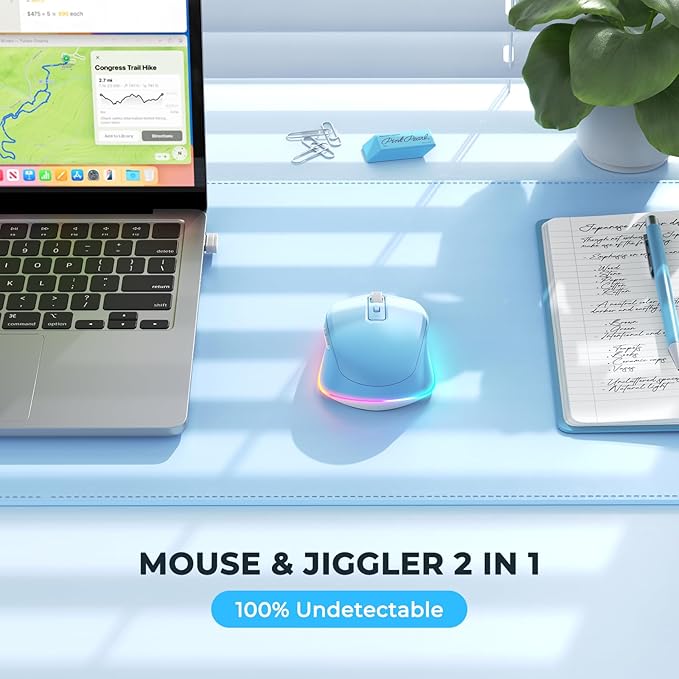 PEIOUS Wireless Mouse Jiggler - LED Wireless Mice with Build-in Mouse Mover, Rechargeable Moving Mouse for Laptop with Undetectable Random Movement Keeps Computers Awake - Blue to White