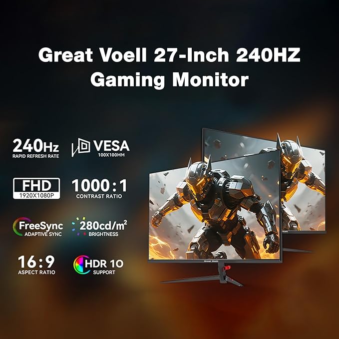 27 Inch 240Hz Gaming Monitor FHD 1080P, 1ms, AMD FreeSync Premium, 99% sRGB, HDR Ready, Tilt Adjustable
