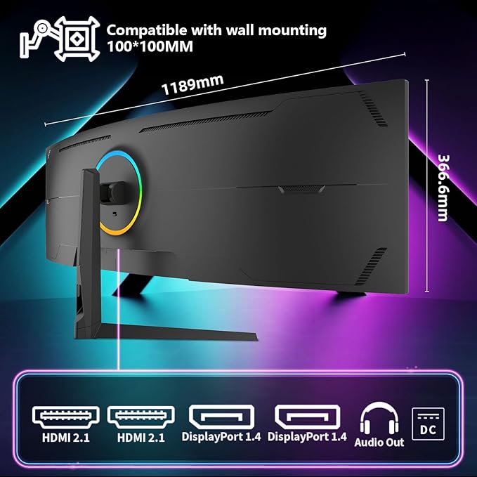 49 Inch Curved Ultrawide Gaming Monitor, 4k Monitor(3840x1080P), 165Hz, 1500R HDR10, 32:9, AMD FreeSync, 125% sRGB, HDMI/DP VESA100*100mm