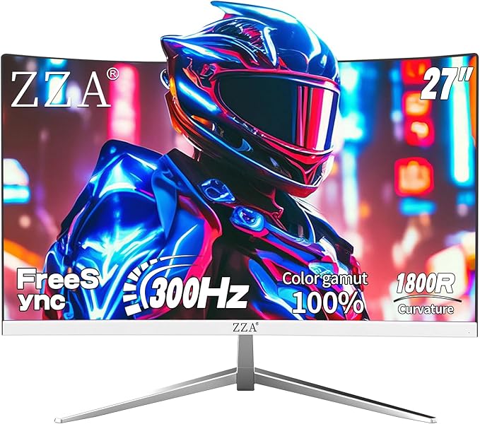 ZZA 27" Curved Gaming Monitor 300HZ Computer Monitor, FHD 1080p 1ms 1800R VA Screen, 99% sRGB, Support AMD FreeSync, Blue Light Filter, HDMI*2 & DP*2, VESA Mounting Compliant- White