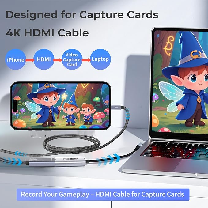 Guermok USB-C to HDMI Cable 4K@60Hz, 6.56ft, Compatible with USB-C Laptops and Tablets, Supports HDMI Capture Devices, Plug & Play, Works with Thunderbolt 3 & 4 Ports