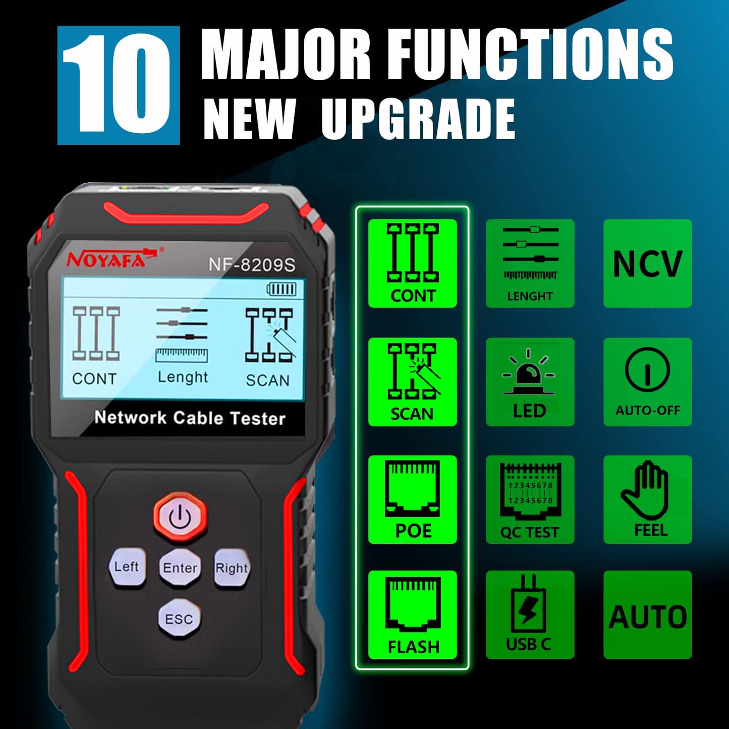 NOYAFA NF-8209S Network Cable Tester for CAT5, CAT6, LAN/Ethernet with PoE and NCV, LCD Anti-Interference scan Mode Wire Tracer Lithium Battery Charge