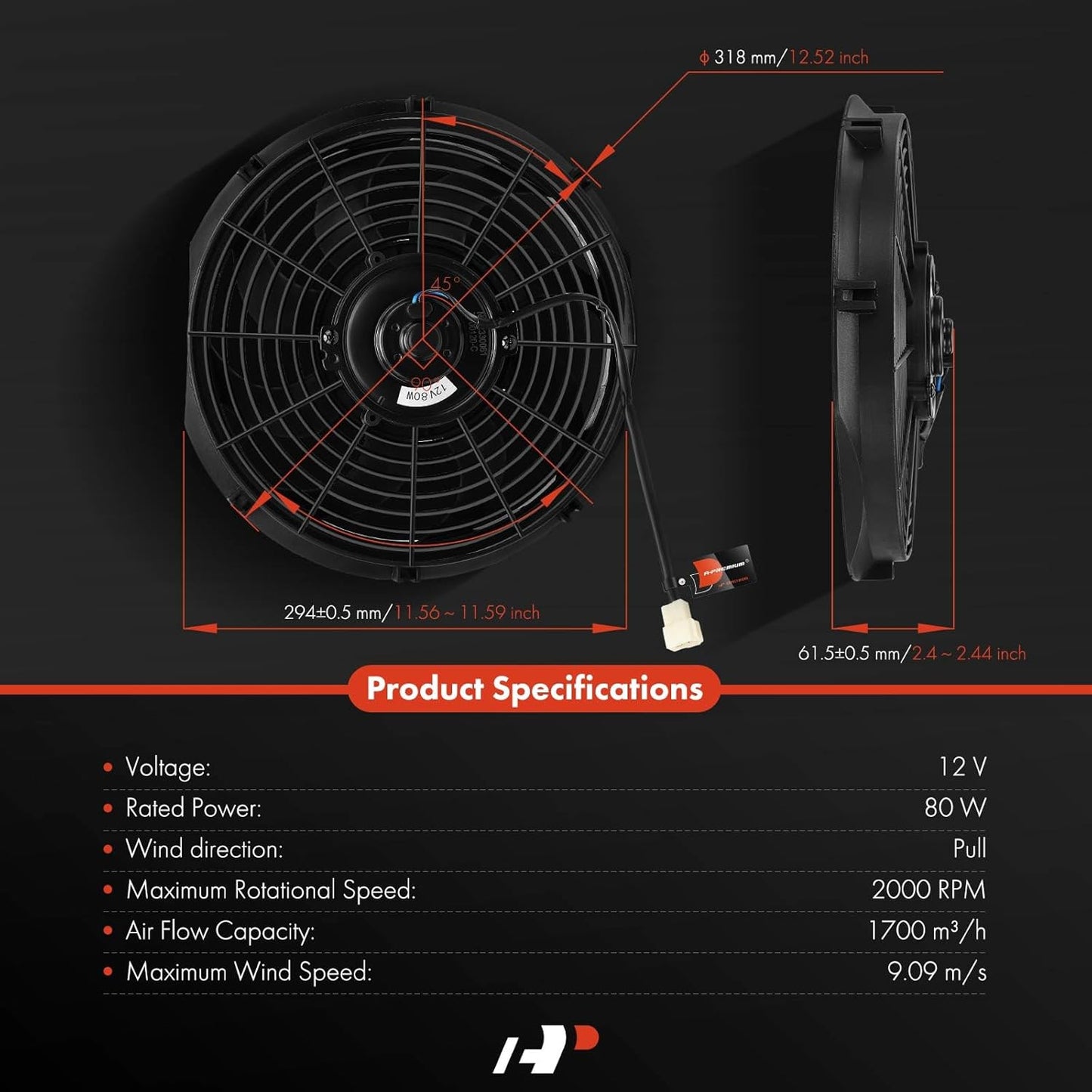 A-Premium 12'' 12 inch Slim Fan Pull Universal Electric Radiator Cooling Fan Assembly, 12V 80W with Mount Kit