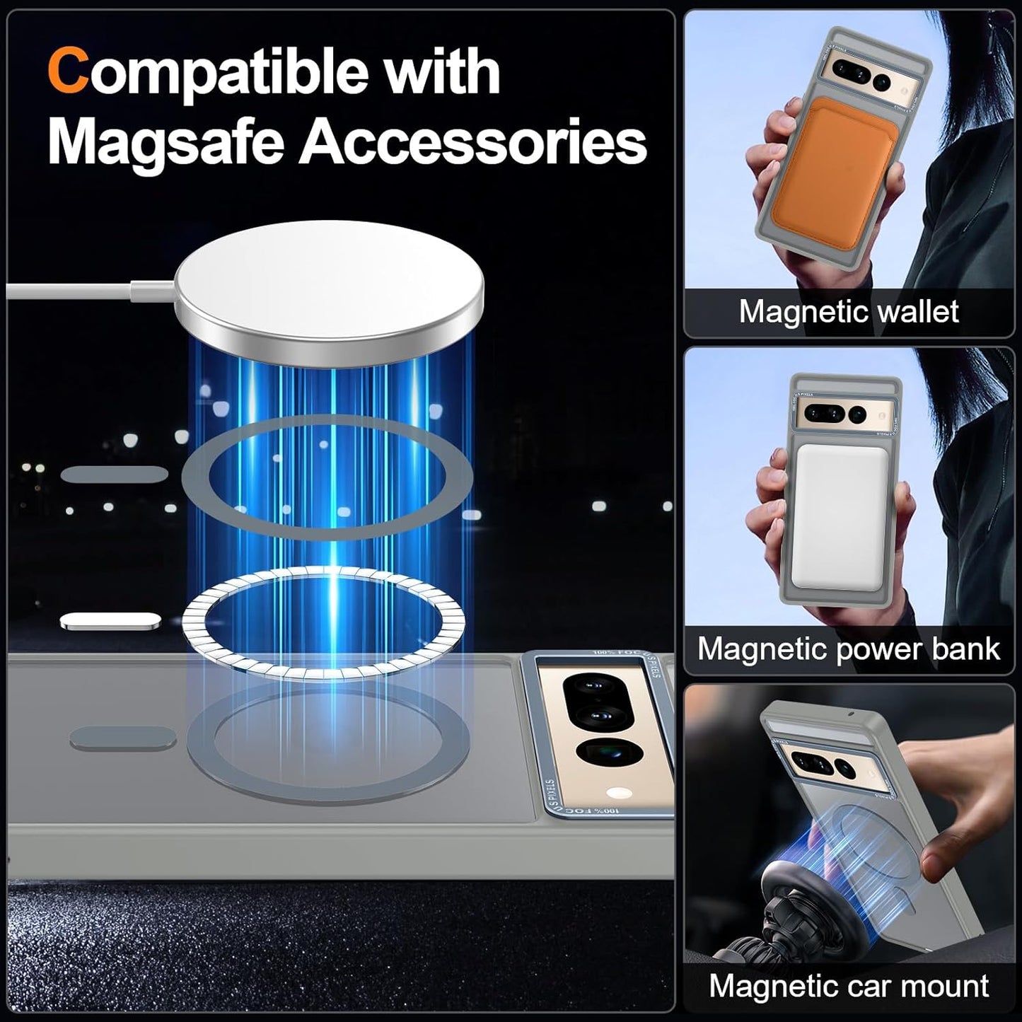 Magnetic for Google Pixel 7 Pro Case, [Military Grade Drop Protection] [Compatible with MagSafe] Shockproof Slim Translucent Matte Anti-Slip for Women Girls Men Case, Gray