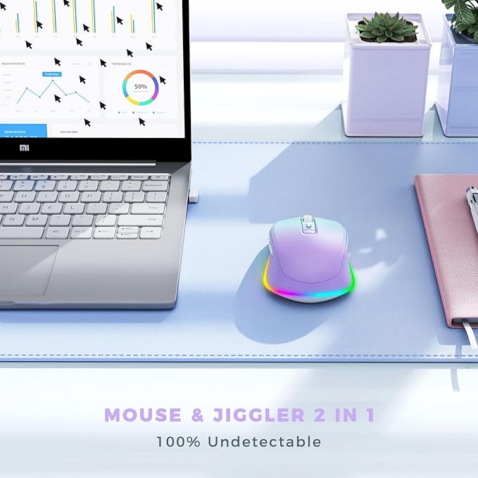 PEIOUS Wireless Mouse Jiggler - LED Wireless Mice with Build-in Mouse Mover, Rechargeable Moving Mouse for Laptop with Undetectable Random Movement Keeps Computers Awake - Purple to Green