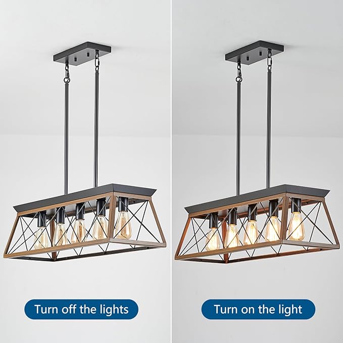 HuixuTe 5-Light Dining Room Chandelier Over Table, Farmhouse Kitchen Island Lighting, Adjustable Height Chandeliers for Kitchen, Dining Room Table Walnut