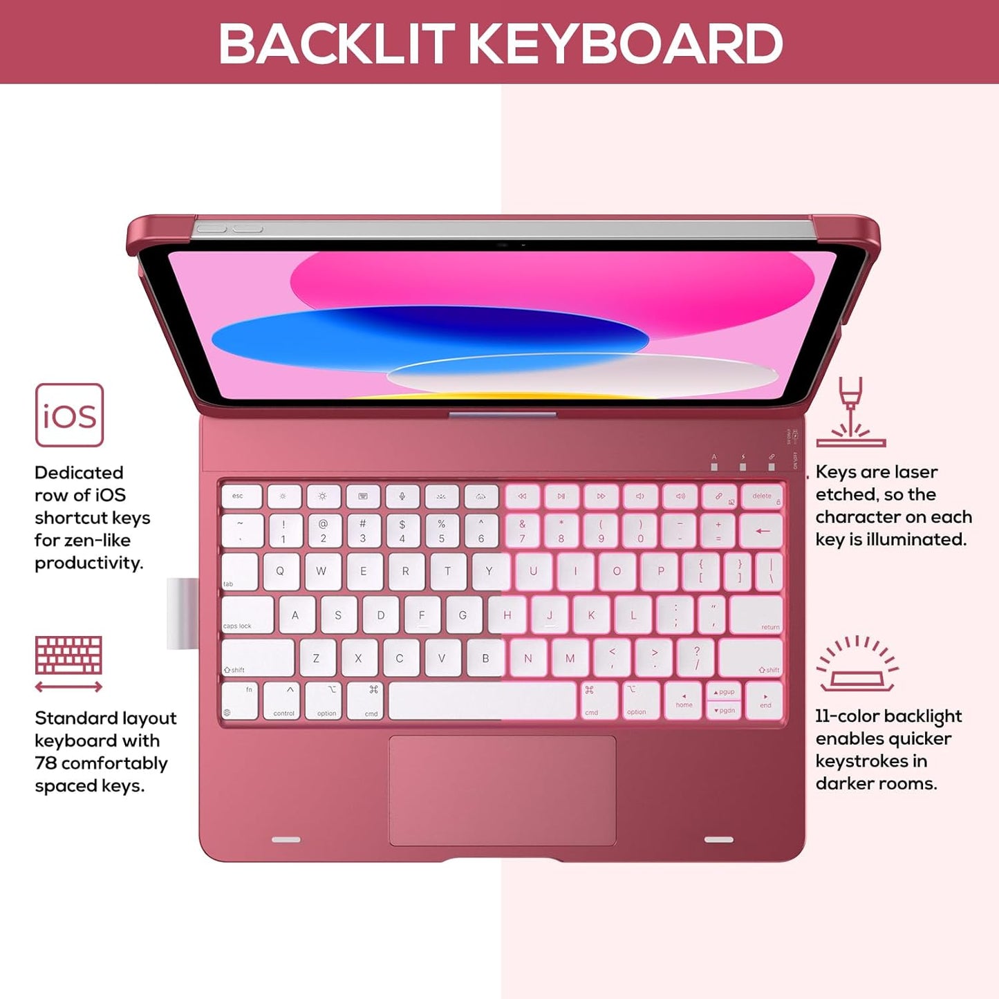 typecase Touch iPad 10th Generation Case with Keyboard (10.9", 2022) and iPad A16 (11th Gen, 2025) – 360° Rotatable, 11-Color Backlit, Multi-Touch Trackpad, Thin & Light (Pink)