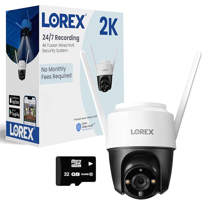 Lorex 2K Pan-Tilt Outdoor WiFi Security Camera | 360° View | Auto-Tracking | Color Night Vision | Person Detection | Warning Light & Siren | IP66 Weatherproof | 32GB MicroSD Included | No Monthly Fee