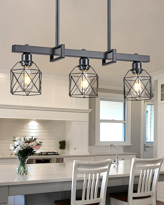 3-Light Farmhouse Kitchen Island Lighting Black Hardware and Black Metal cage Frame Design Rustic Vintage Pendant Ceiling Light Suitable for Dining Rooms and Living Rooms