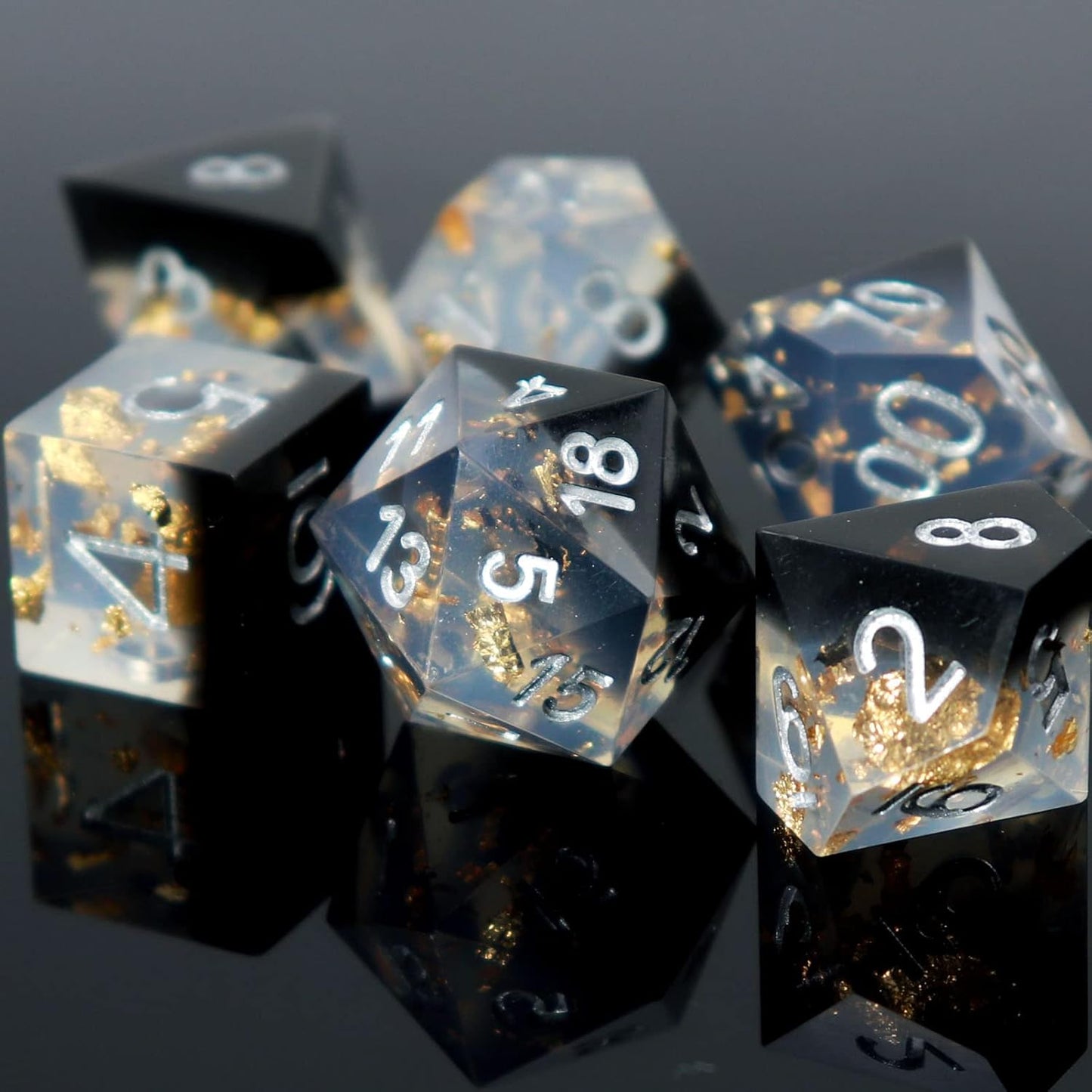 Haxtec DND Dice Set Black Sharp Edge Resin Dice Gold Flakes with Dice Case Black White Gold D&D Dice for RPG Role Playing Games Compatible with Dungeons and Dragons Gift War Series