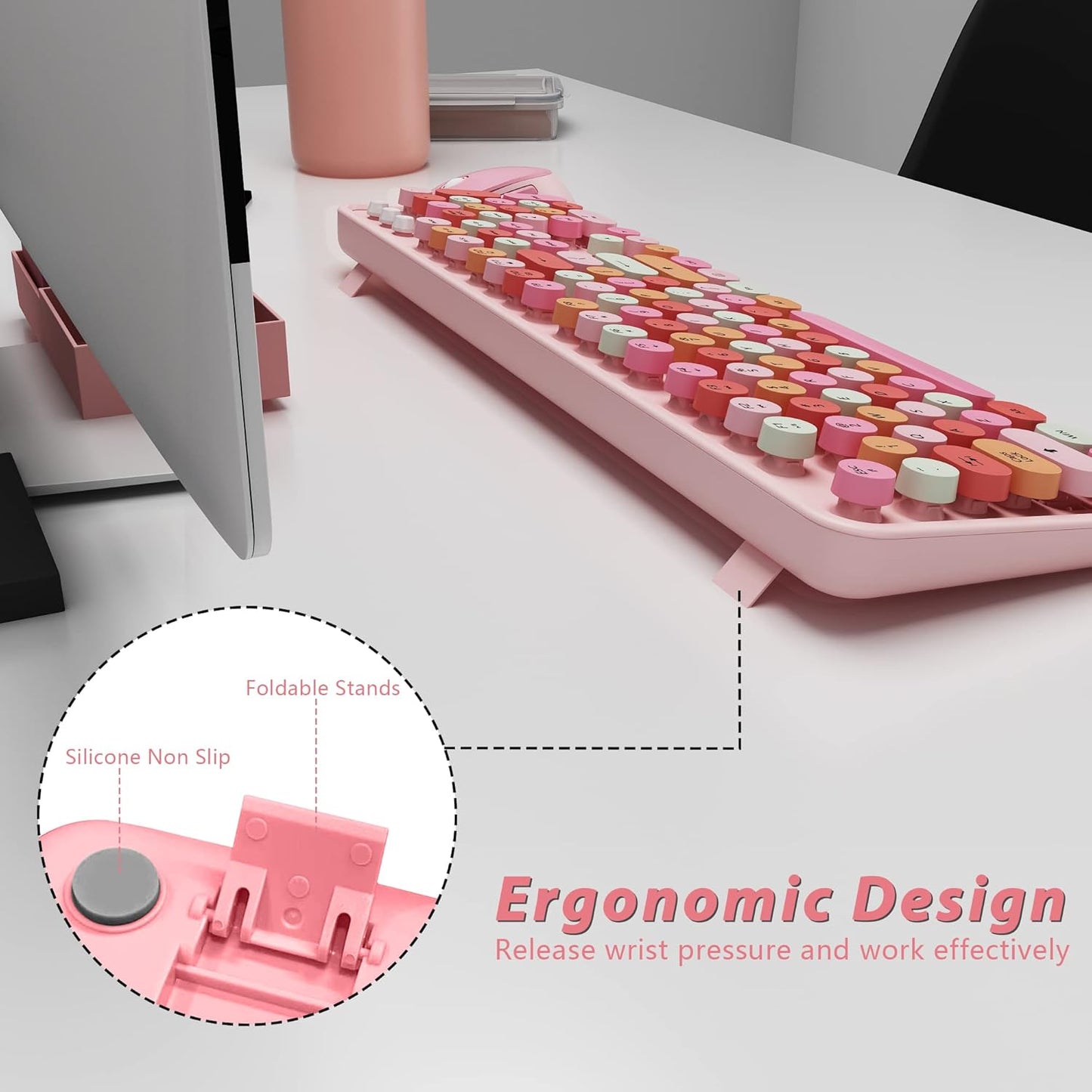 Cute Pink Wireless Keyboard and Mouse, 2.4G Retro Round Keycap for PC, Mac, Laptop, Tablet, Computer Windows
