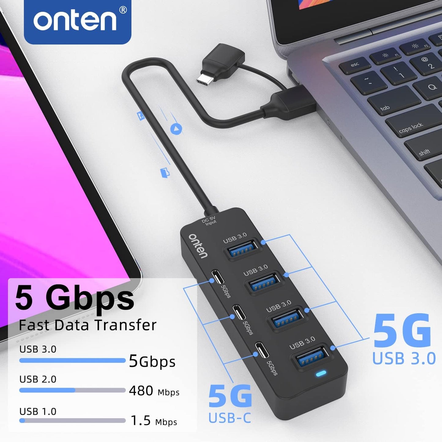 USB C Hub,7 Ports USB3.0 to USB-C HUB with a USB C to USB 3.0 Adapter. 3.2ft Cable 4*USB3.0 Ports,3*USB C Ports forThunderbolt 3/4 MacBook Surface Pro and More USB/USB C Devices