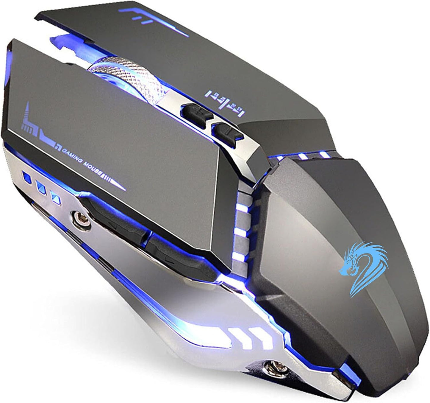 TENMOS T12 Wireless Gaming Mouse Rechargeable, 2.4G Silent Optical Wireless Computer Mice with Changeable LED Light for Laptop PC, 7 Buttons, 3 Adjustable DPI (Grey)