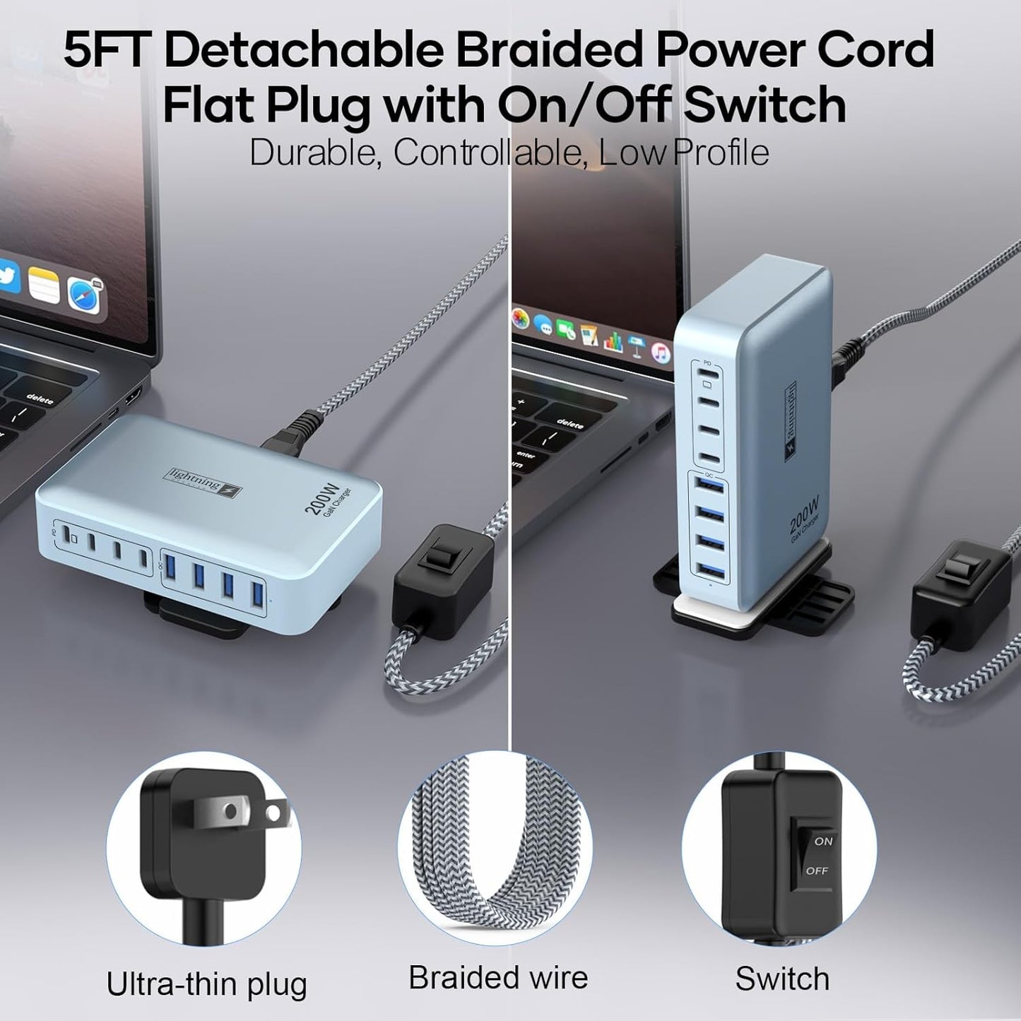 8-Port Multi Charging Stations 200W with Flat Plug, Braided Power Cord, and On/Off Switch- USB Charging Hub for iPhone, iPad, MacBook and More- 65W C Port Power Adapter for Laptops