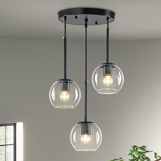 3-Light Black Modern Cluster Pendant Light, Adjustable Height Glass Globe Hanging Chandelier, E26 Base Ceiling Light Fixture for Kitchen Island Dining Room Living Room