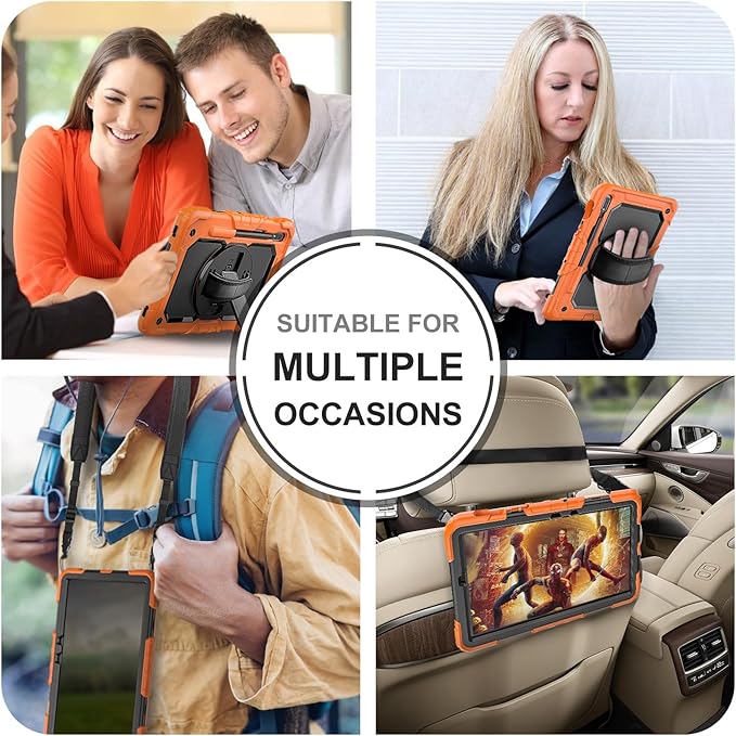 Case for Samsung Galaxy Tab S8/S7 11-inch 5G Tablet Case 2022/2020, [with Tempered Glass Screen Protector], Rotating Kickstand, Hand & Shoulder Strap, S Pen Holder (Orange)