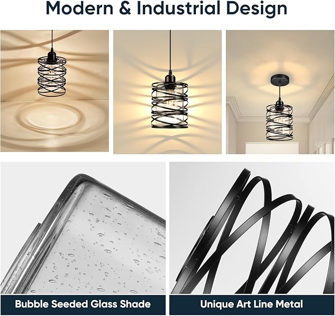 Pendant Lights 3 Pack Kitchen Lights with Bubble Seeded Glass Island Lights Black Hanging Light for Kitchen, Dining Room, Bathroom, Entryway, Restaurant