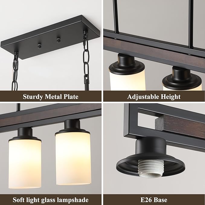 Farmhouse Dining Room Light Fixture, 4-Light Wood Kitchen Island Lighting for Dining Room Over Table, Black Adjustable Pendant Light with Milk Glass Shades, Linear Chandeliers Lighting for Kitchen