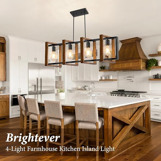 4 Lights Dining Room Light Fixture, Farmhouse Kitchen Island Lighting Wood and Black Metal Rectangular Hanging Chandelier for Ceiling Living Room, Modern Rustic Pendant Lighting Fixture Over Table