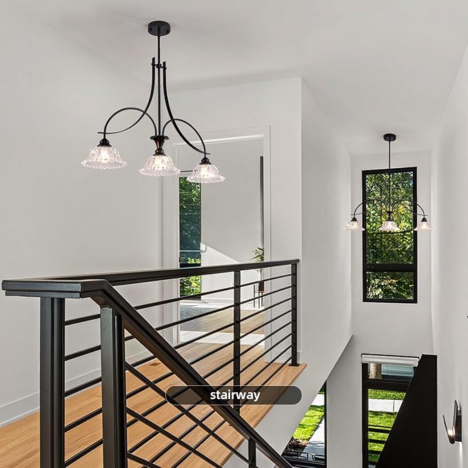 Vintage Pendant Light Fixtures for Kitchen Island,3-Light Black Dinner Room Chandelier with Flower Lampshade, Adjustable Height Hanging Light Fixture for Hallway Entryway