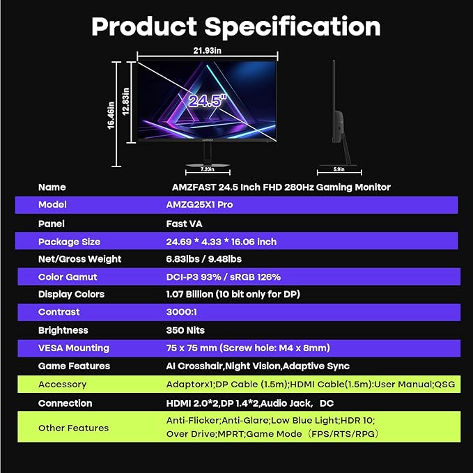 Amzfast 24.5 inch FHD 280Hz/240Hz Gaming Monitor, 1ms Adaptive Sync Fast VA Monitor, 10 Bit, 126% sRGB, 2*HDMI 2.0 & 2* DP1.4, TÜV Rheinland Eye Care,2 Year Warranty Exchange (HDMI & DP Dual Cable)