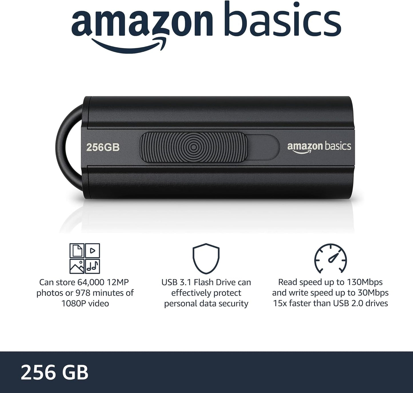 Amazon Basics 256 GB Ultra Fast USB 3.1 High Capacity Flash Drive for Data Transfer and Storage, Black