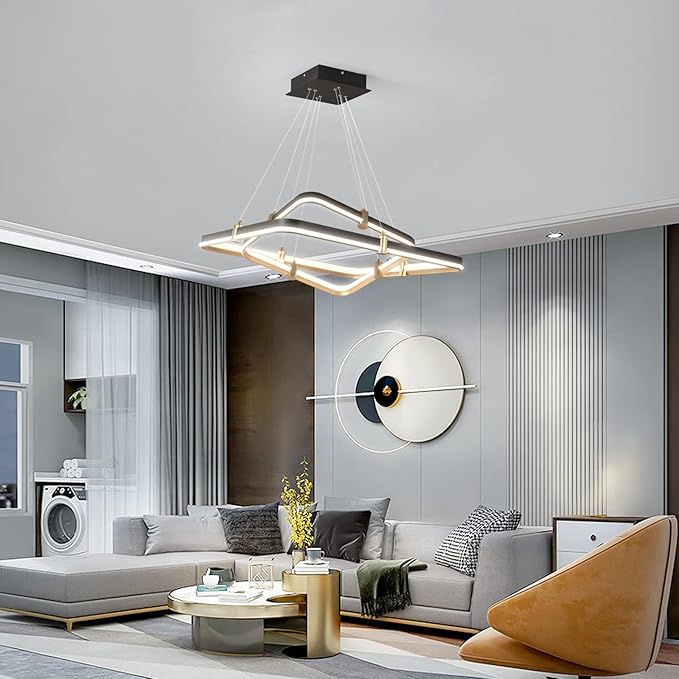 Siittoo Modern Black Chandelier Dining Room Light Fixture, 96W Dimmable LED Modern Pendant Light, 2-Ring Rectangular Chandelier Hanging Light Fixture for Kitchen Island Living Room Hall, Φ=24''+16''