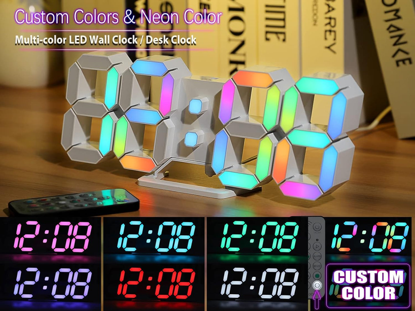 KOSUMOSU Wall Clock Neon Digital Clock 3D LED Desk Clock Large Display 9.7" RGB Clock Alarm Clock for Bedroom Living Room,Remote,Brightness Dimming, Date,Temp