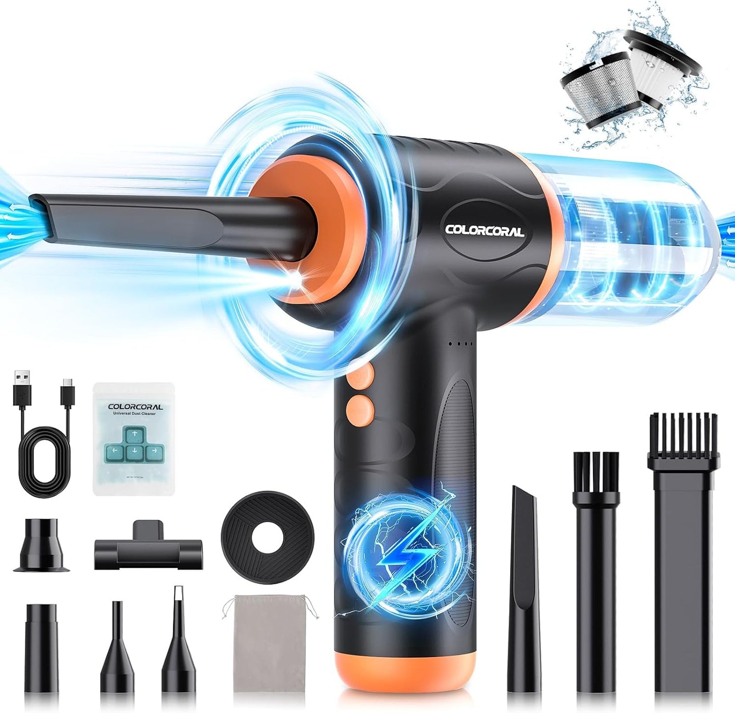 COLORCORAL 12-in-1 Cordless Compressed Air Duster with 2-Speeds 120,000RPM, LED Light, Computer Vacuum Air Duster 2-in-1, Perfect for Deep Cleaning Keyboards, PCs, Cars, and Electronics