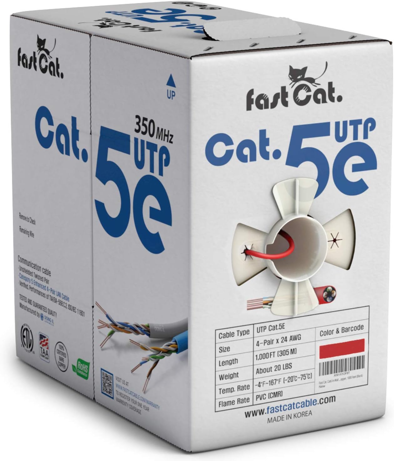fast Cat. Cat5e Ethernet Cable 1000ft - 24 AWG, CMR, Insulated Bare Copper Wire Cat 5 ethernet Cable with FastReel - 350MHZ / Gigabit Speed UTP Cable Cat5e - CMR (Red)