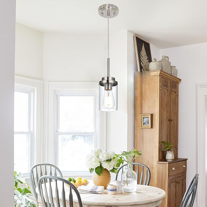MELUCEE 1-Light Small Glass Pendant Lights Brushed Nickel, Adjustable Hanging Lamp Ceiling for Dining Room Kitchen Island, Mini Chandelier with Clear Glass Shade