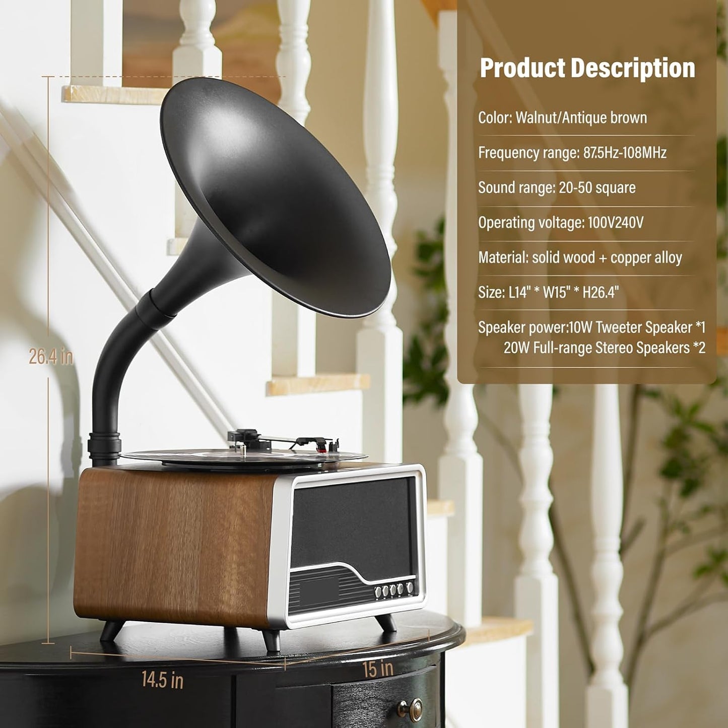 Vintage Gramophone Record Player，Italian Style Gramaphone Vintage Phonograph Nostalgic Record Player with Vinyl Record Player/Bluetooth 5.3/Remote Contro/USB/FM/AUX for Home Decoration