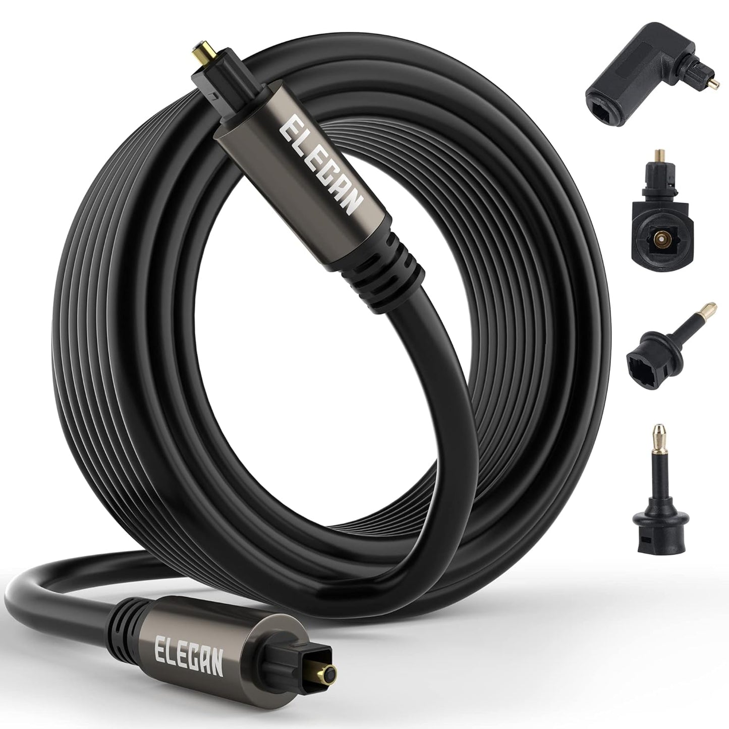 Elecan Optical Audio Cable 100 Ft Digital Audio Toslink Cable Cord-Fiber Optic-Gold Plated-Flexiable&Durable-for Home Theater,Sound Bar,PS4&Xbox-with 4 Right Angled and Mini Toslink Adapters+Ties