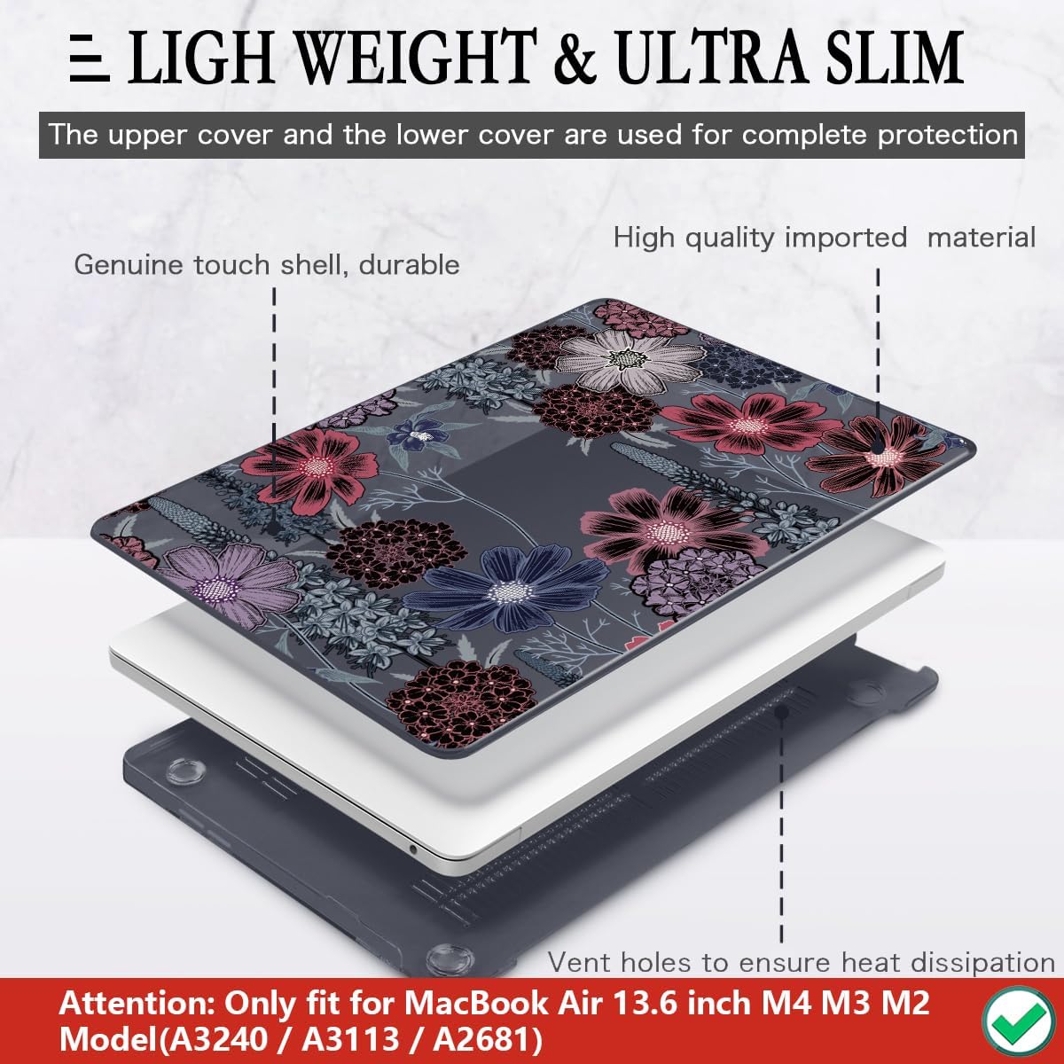 CISSOOK Compatible with MacBook Air 13.6 inch Case 2022 2023 2024 2025 Model A2681 A3113 A3240, Plastic Hard Case with Keyboard Cover Screen Protector Type C Adapter, Texture Flowers