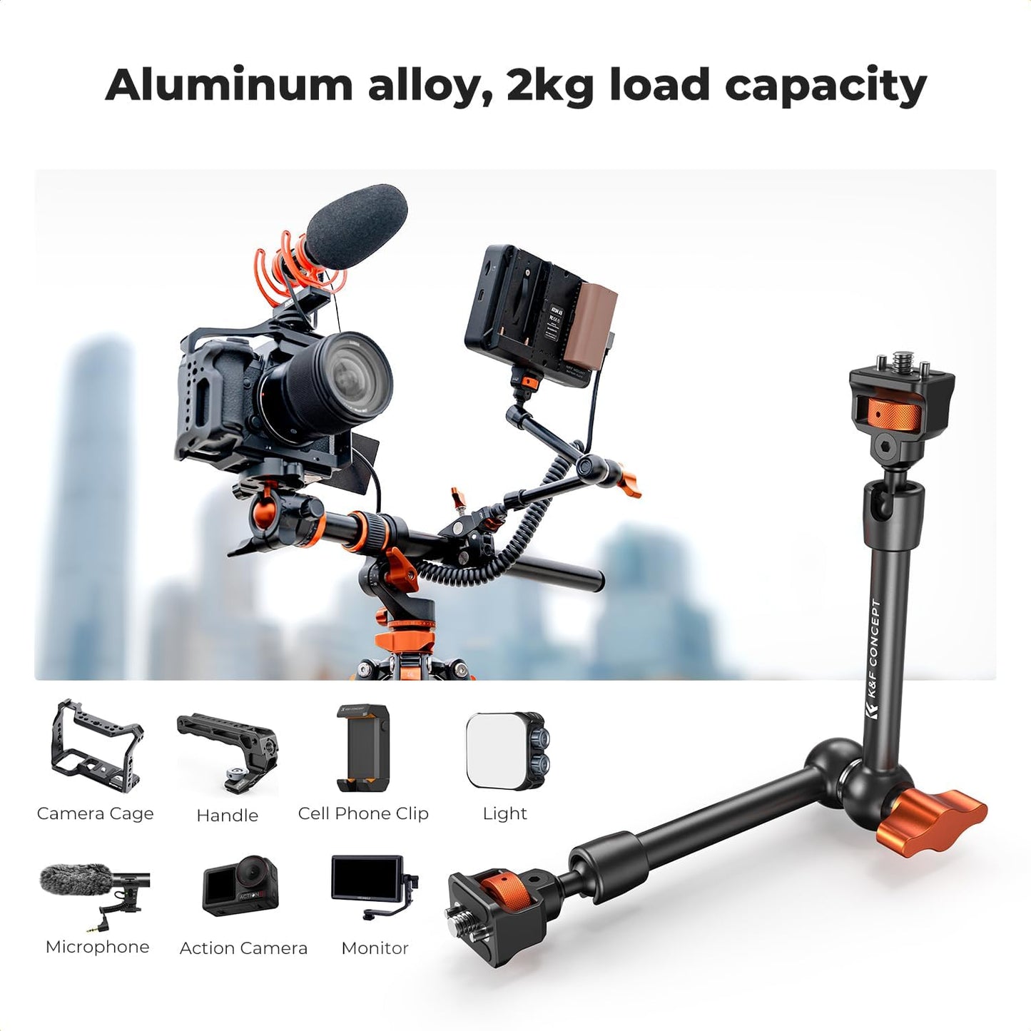 K&F CONCEPT 11" Magic Arm 1/4" Screw 360° Ball Heads Articulating Friction Camera Arm Mount for Monitor, LED Light, Webcam, Microphone, Camera Cage
