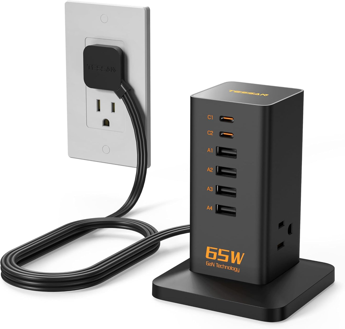USB Charging Station for Multiple Devices PD 65W, TESSAN 9-in-1 USB C Charger Block for iPhone 16/15, MacBook, Tablet, Type C Desktop Charger with 3 AC, Home Travel Office Accessories