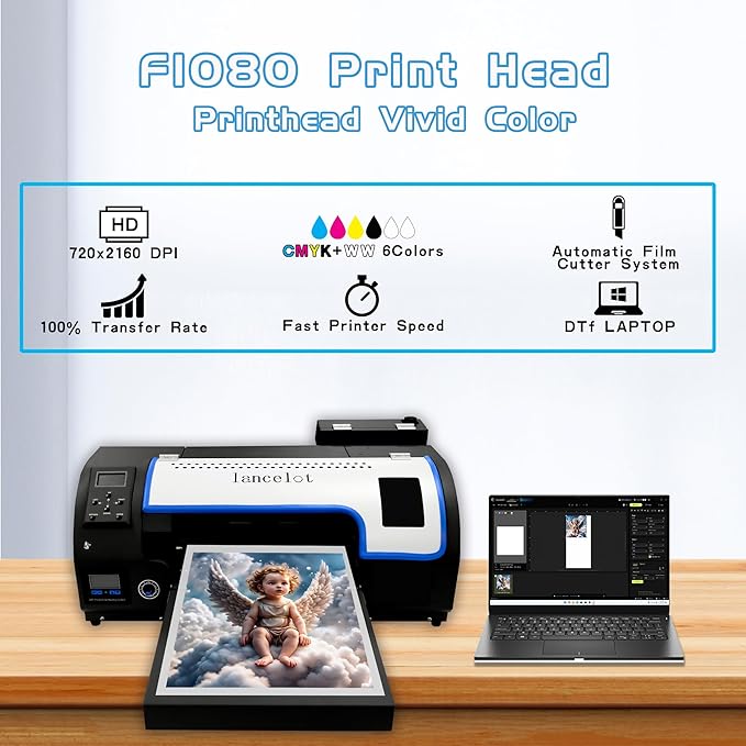 Lancelot M1630 Pro DTF Printer Bundle: 2X Speed of L1800/R1390, Auto Film Cutter & Anti-Clog System, Plug-and-Play A3 dtf printer T-Shirt Printing Machine for DIY/Apparel Business (Printer+Laptop+Ink)