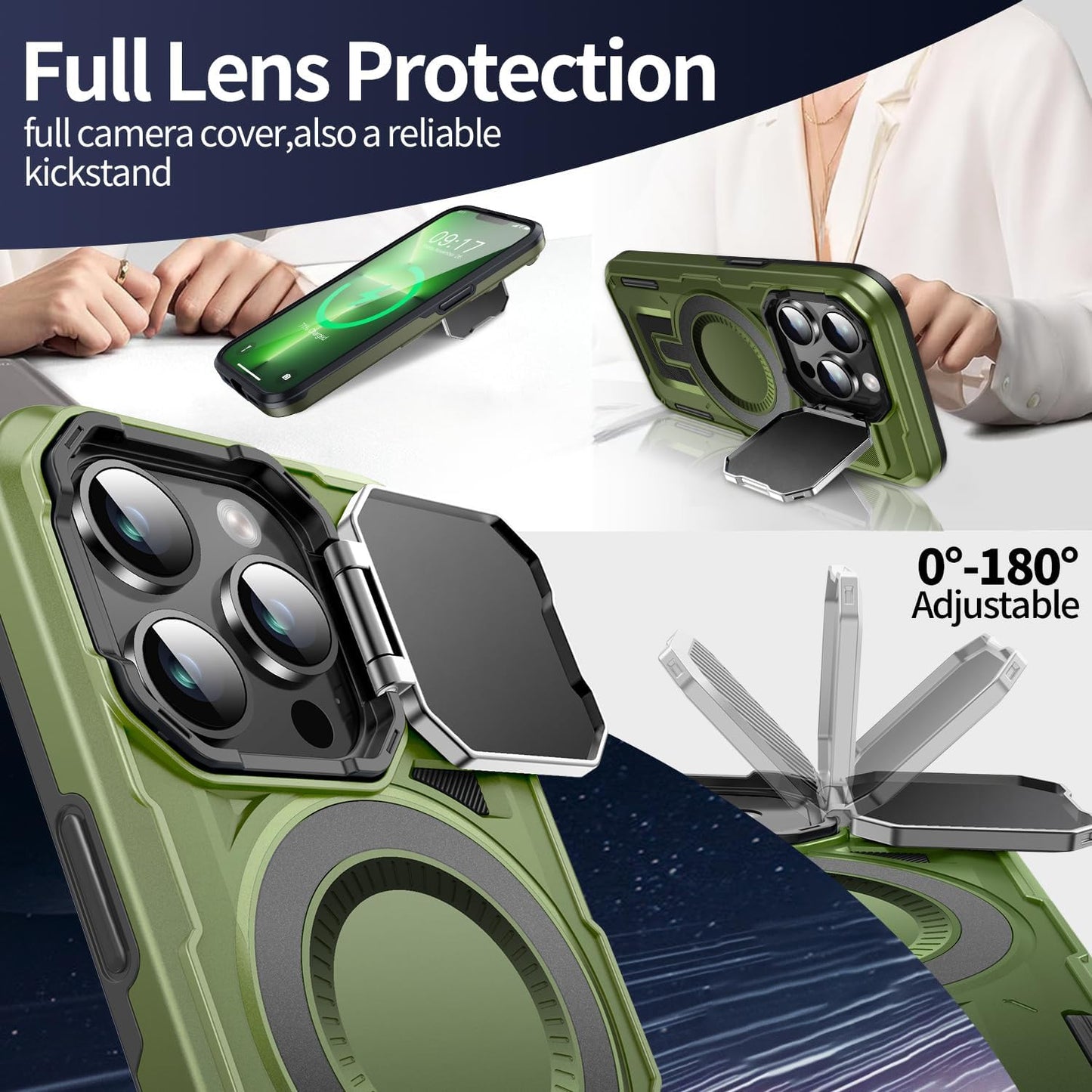 Camera Stand Case for iPhone 13 Pro Max, [Compatible with Mag Safe] [Lens Cover] 2024 Version Military Grade Protective Soft Case for iPhone 13 Pro Max 6.7 inch Men Women, Green
