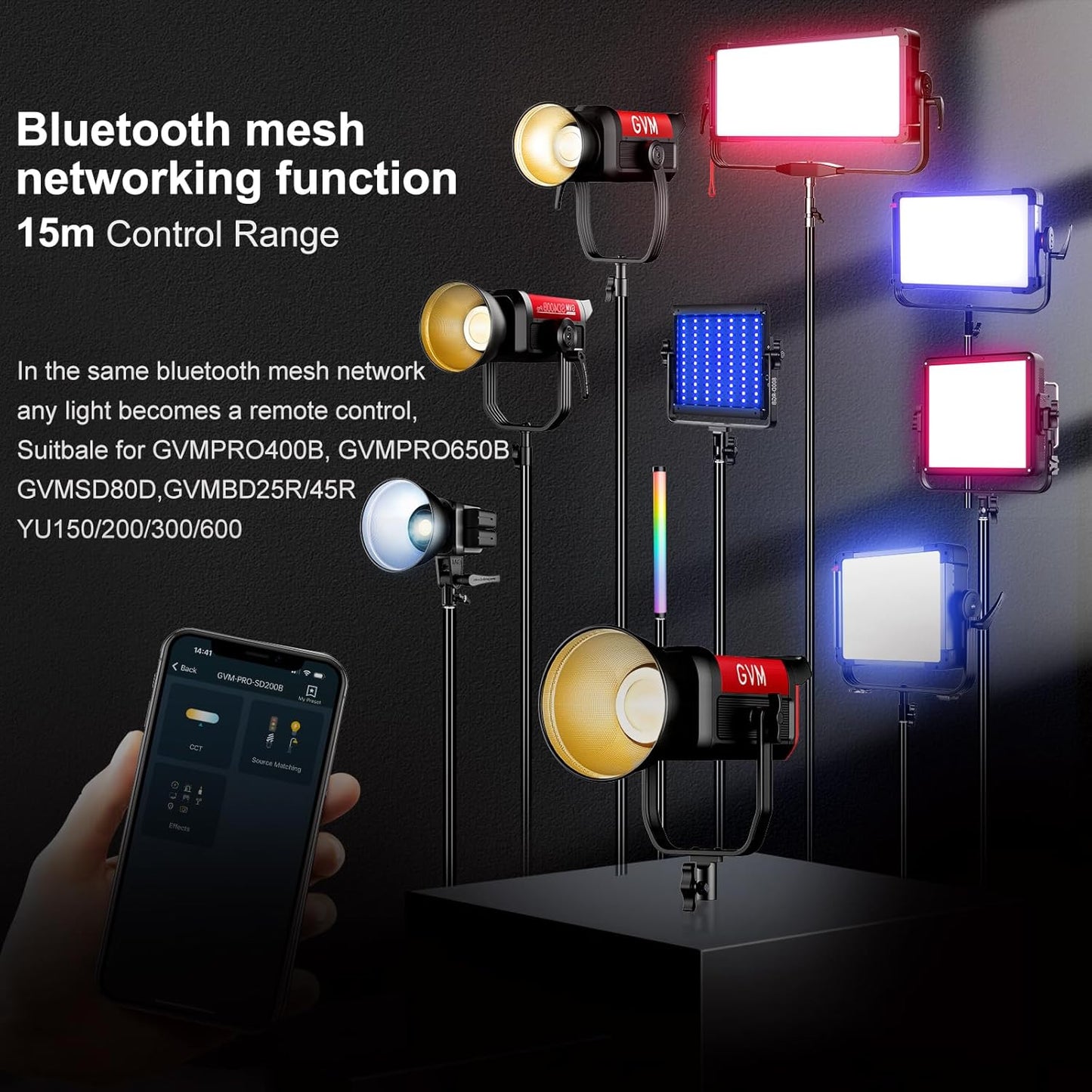 GVM 200W LED Video Light with Lantern Softbox, SD200B Continuous Lighting Kit with Bluetooth Mesh Network/DMX Control, 2700K-6800K Studio Light Photography Lighting Kit, 45400lux/1m, 12 Scene Effects