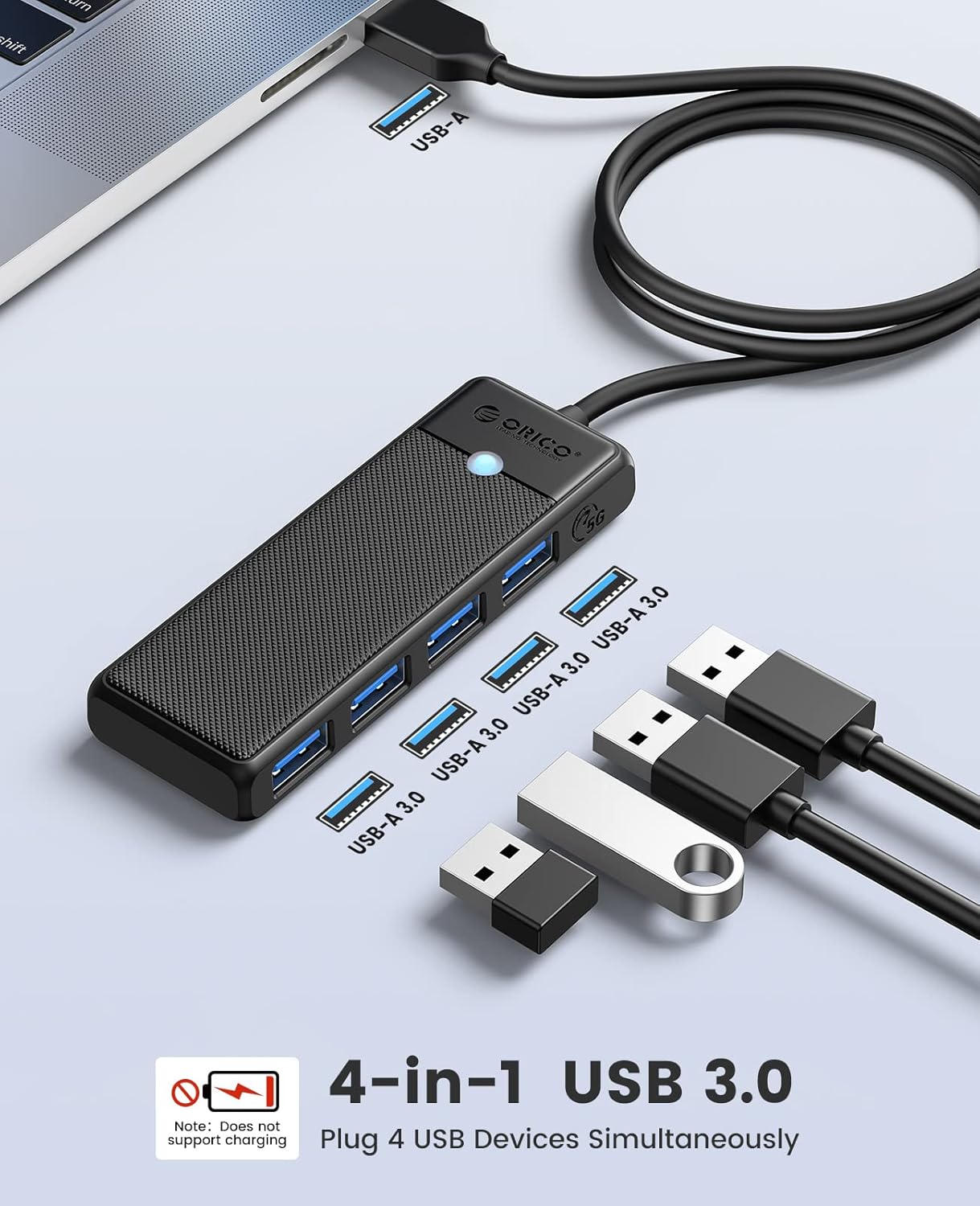 USB 3.0 Hub, ORICO 4-Port USB Hub with 3.3FT Long Cable, Ultra Slim USB Splitter for Laptop for MacBook, Mac Pro, iMac, Surface Pro, XPS, PS5，PC, Flash Drive, Mobile HDD(Black/3.3ft)