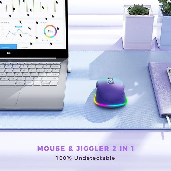 PEIOUS Wireless Mouse Jiggler - LED Wireless Mice with Build-in Mouse Jiggler Mover, Rechargeable Moving Mouse for Computer with Undetectable Random Movement Keeps Computer Awake - Gradient Purple