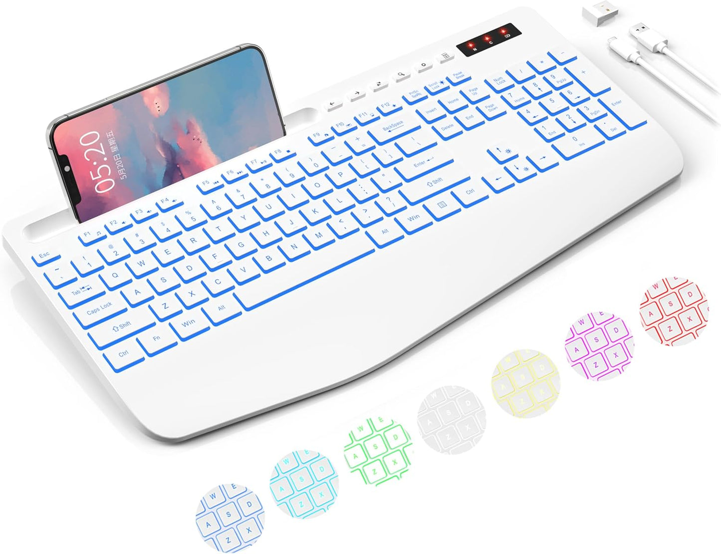 Trueque Wireless Keyboard with 7 Colored Backlits, Phone Holder, Wrist Rest, Rechargeable Ergonomic Keyboard with Silent Light Up Keys, Cordless Computer Keyboard for Windows, Mac, Laptop - (White)