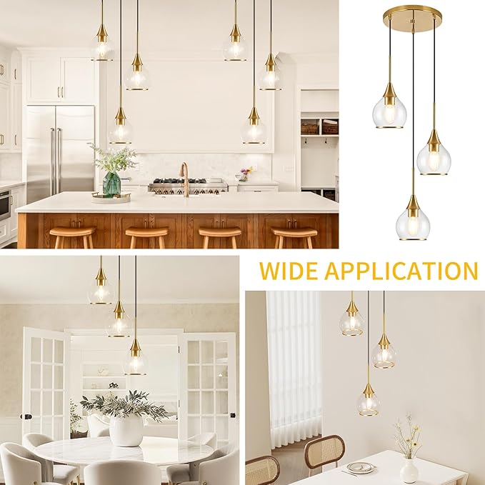 3-Light Island Light for Kitchen, Gold Kitchen Island Hanging Pendant Light, Brushed Gold Dining Room Light Fixture Over Table with Clear Round Glass Shades